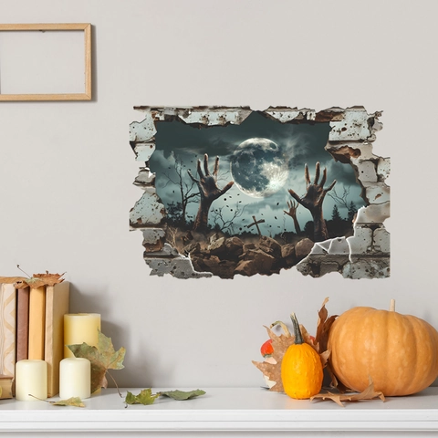 3D Halloween Wandtattoo Broken Wall Zombichand Friedhof Mond PVC Gruseliges Wandaufkleber Für Wohnzimmer Schlafzimmer Party