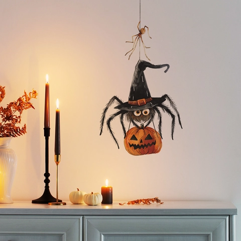 Halloween Cartoon Spinne Mit Hexenhut Jack-O-Lantern PVC Wandaufkleber Abnehmbarer Lustiger Kürbis Wandtattoo Für Haus Deko