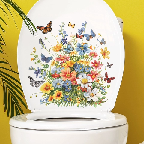 Adesivo per Coperchio del Gabinetto con Farfalle e Margherite Acquerello Colorato Decalcomania da Parete in PVC per Bagno