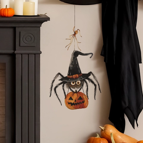 Halloween Cartoon Spinne Mit Hexenhut Jack-O-Lantern PVC Wandaufkleber Abnehmbarer Lustiger Kürbis Wandtattoo Für Haus Deko