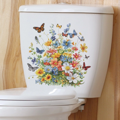 Adesivo per Coperchio del Gabinetto con Farfalle e Margherite Acquerello Colorato Decalcomania da Parete in PVC per Bagno