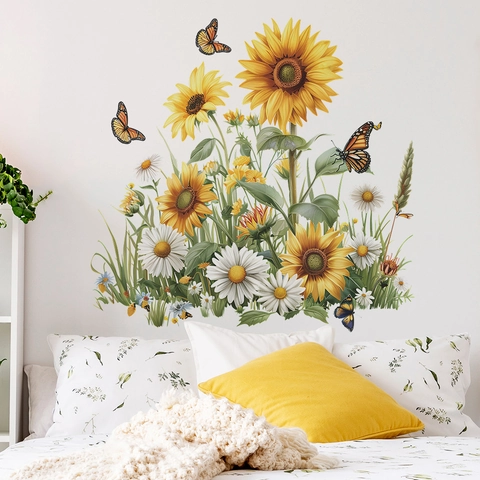 Sonnenblume Gänseblümchen Blumen Wandaufkleber PVC Schmetterling Aufkleber Für Wohnzimmer Schlafzimmer Wandbild Modern Pastoral