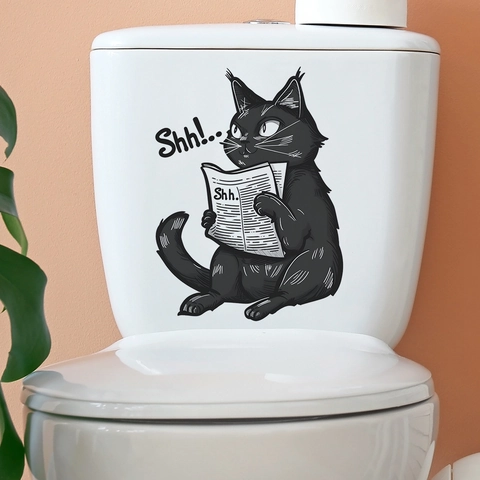 Funny Black Cat Reading Newspaper Toilet Sticker PVC Waterproof Humorous Bathroom Restroom Decor Creative Home Ornament
