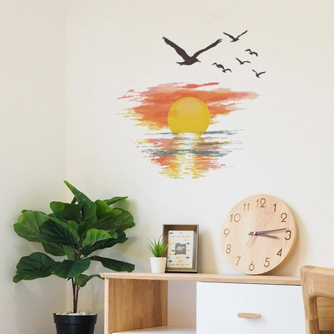 Vinilo de Pared Romántico Atardecer junto al Mar PVC Removible Silueta de Gaviota para Dormitorio Sala de Estar Decoración