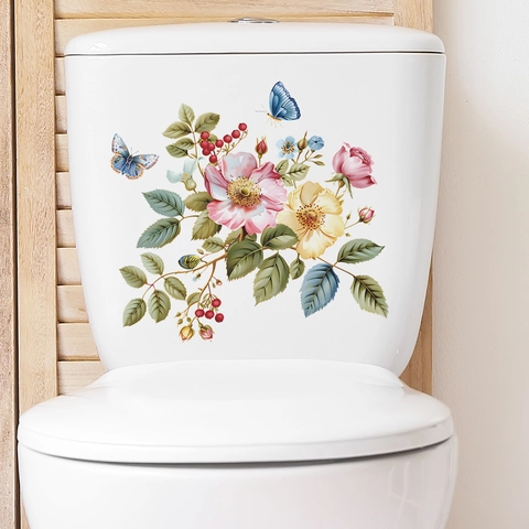 Adesivo Creativo per Inodoro con Fiori e Farfalle in PVC Impermeabile Decalcomania Floreale per Coperchio del Bagno Accessori per la Casa