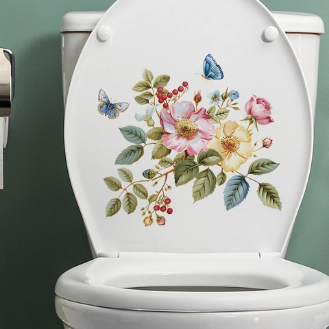 Adesivo Creativo per Inodoro con Fiori e Farfalle in PVC Impermeabile Decalcomania Floreale per Coperchio del Bagno Accessori per la Casa