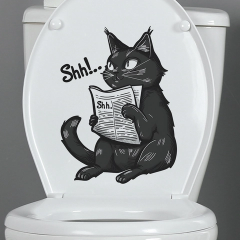 Funny Black Cat Reading Newspaper Toilet Sticker PVC Waterproof Humorous Bathroom Restroom Decor Creative Home Ornament