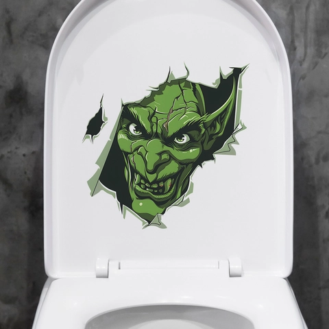 Pegatinas de Inodoro 3D Halloween Monstruo Verde Efecto Pared Agrietada PVC Impermeable Calcomanías Decorativas para Baño