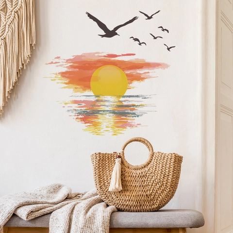 Vinilo de Pared Romántico Atardecer junto al Mar PVC Removible Silueta de Gaviota para Dormitorio Sala de Estar Decoración