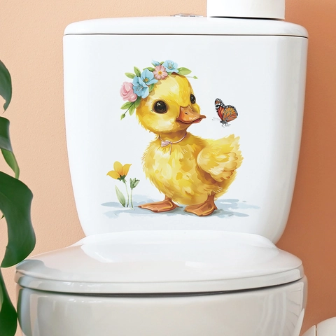 Simpatico Adesivo per Gabinetto con Anatra Gialla e Ghirlanda di Fiori Decalcomania da Parete in PVC Impermeabile per Bagno