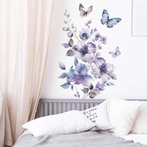 Aquarell Lila Blume Schmetterling Wandaufkleber Für Schlafzimmer Wohnzimmer Hintergrund PVC Floral Wandbild Home Decor Wandkunst