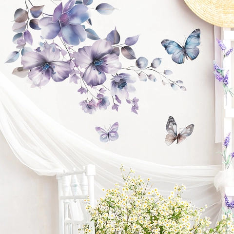 Aquarell Lila Blume Schmetterling Wandaufkleber Für Schlafzimmer Wohnzimmer Hintergrund PVC Floral Wandbild Home Decor Wandkunst