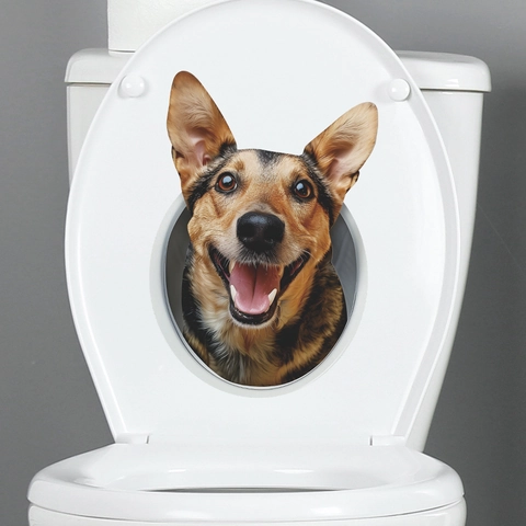 3D Pastore Tedesco Adesivo per WC Rimovibile Impermeabile PVC Bagno Adesivo da Parete Animale Creativo Lavabo Decorazione Poster