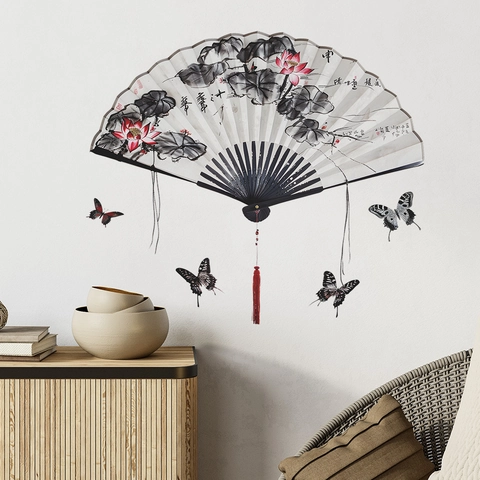 Adesivo da Parete in Stile Cinese Con Ventaglio di Loto e Farfalle Pittura a Inchiostro PVC Impermeabile Decorazione per Casa