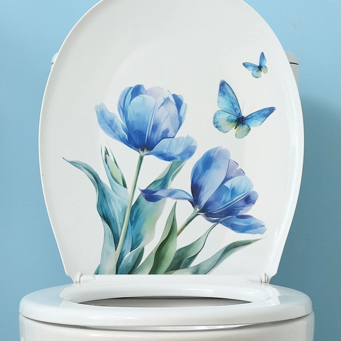 Adesivo per Toilette con Tulipano Blu e Farfalla Acquerello Impermeabile PVC Decalcomania da Muro per Bagno Floreale Decorativo