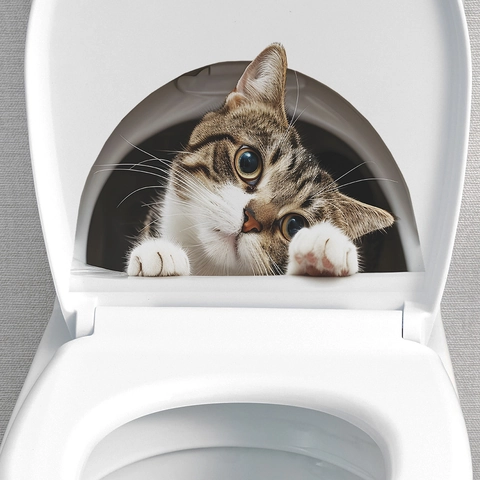 Sticker Toilettes Chat Tigré Réaliste 3D Imperméable Amovible PVC Décalcomanie Murale Pour Salle de Bain Maison Décoration Murale Animale