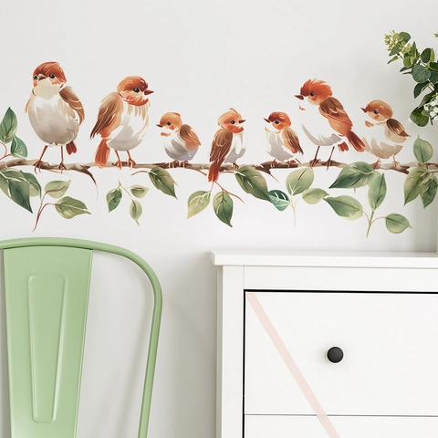 Pegatina de Pared de Pájaros de Acuarela en Rama de Árbol Calcomanías de Pared de Animales de PVC Removibles para Sala de Estar