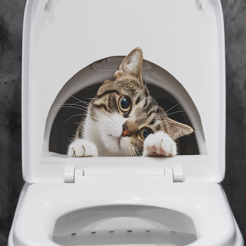 Sticker Toilettes Chat Tigré Réaliste 3D Imperméable Amovible PVC Décalcomanie Murale Pour Salle de Bain Maison Décoration Murale Animale