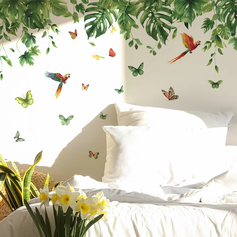 Tropische Monstera Blätter Papagei Schmetterling Wandaufkleber Abnehmbare PVC Kunst Wandbilder Für Wohnzimmer Büro Dekor
