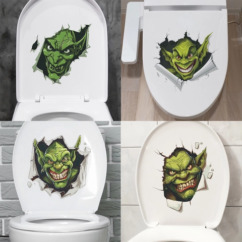 Pegatinas de Inodoro 3D Halloween Monstruo Verde Efecto Pared Agrietada PVC Impermeable Calcomanías Decorativas para Baño