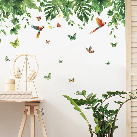 Tropische Monstera Blätter Papagei Schmetterling Wandaufkleber Abnehmbare PVC Kunst Wandbilder Für Wohnzimmer Büro Dekor