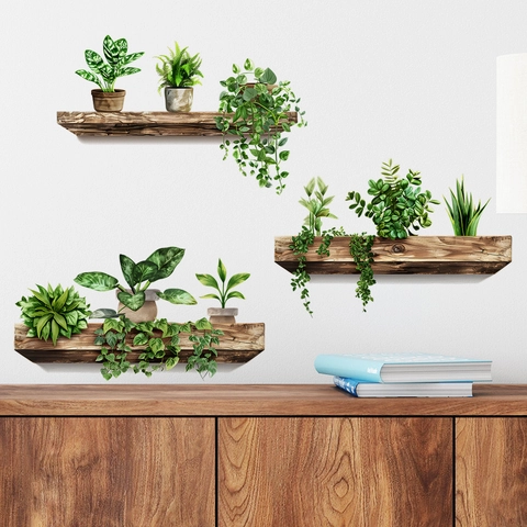 Stickers Muraux 3D Plantes Artificielles Étagère en PVC Autocollant Décalcomanies Florales Vertes pour Salon Chambre