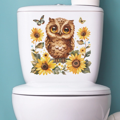 Simpatico Adesivo per Inodoro con Gufo e Girasole in Stile Cartone Animato Impermeabile PVC Decorazione per Bagno