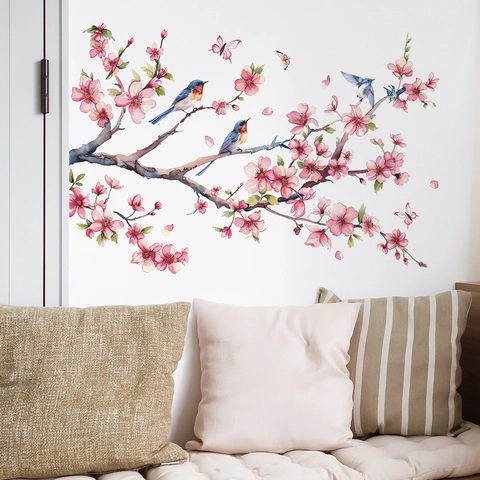 Chinesischer Stil Aquarell Pfirsichblütenzweig Wandtattoos Vögel Schmetterlinge Abnehmbare PVC Aufkleber Für Schlafzimmer Wohnzimmer