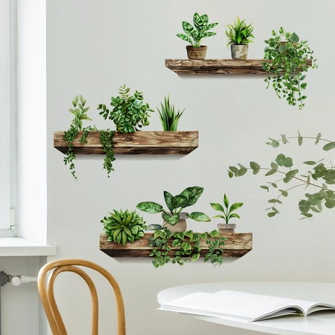 Stickers Muraux 3D Plantes Artificielles Étagère en PVC Autocollant Décalcomanies Florales Vertes pour Salon Chambre