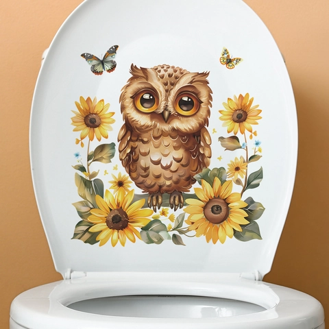 Simpatico Adesivo per Inodoro con Gufo e Girasole in Stile Cartone Animato Impermeabile PVC Decorazione per Bagno