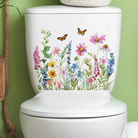 Adesivo per Gabinetto con Margherita e Farfalla Acquerello PVC Impermeabile Adesivo da Parete per Bagno Casa Decorazione