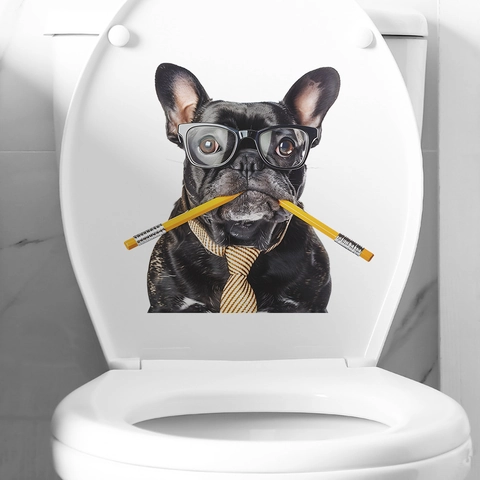 Divertente Adesivo per Gabinetto con Bulldog Francese con Occhiali e Cravatta PVC Impermeabile Murale Animale 3D Decorazione Bagno