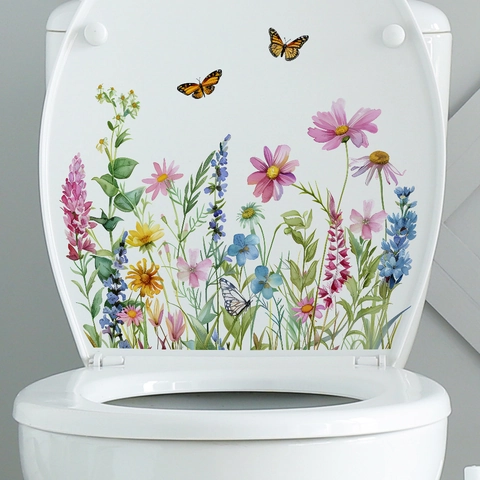 Adesivo per Gabinetto con Margherita e Farfalla Acquerello PVC Impermeabile Adesivo da Parete per Bagno Casa Decorazione