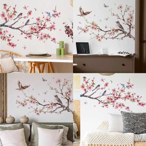 Chinesischer Stil Aquarell Pfirsichblütenzweig Wandtattoos Vögel Schmetterlinge Abnehmbare PVC Aufkleber Für Schlafzimmer Wohnzimmer