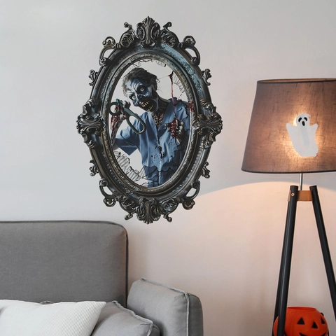 Halloween 3D Zombie Wandaufkleber Horror Arzt In Retro Rahmen PVC Aufkleber Gruselige Zerbrochenes Glas Poster Party Deko
