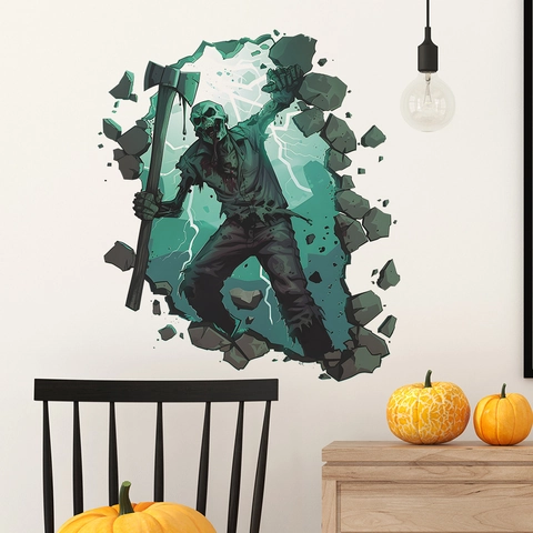Adesivo da Parete Zombie 3D di Halloween Muro Crepato Ascia Zombie Terrore Decalcomania per Soggiorno Camera da Letto Festa Casa PVC