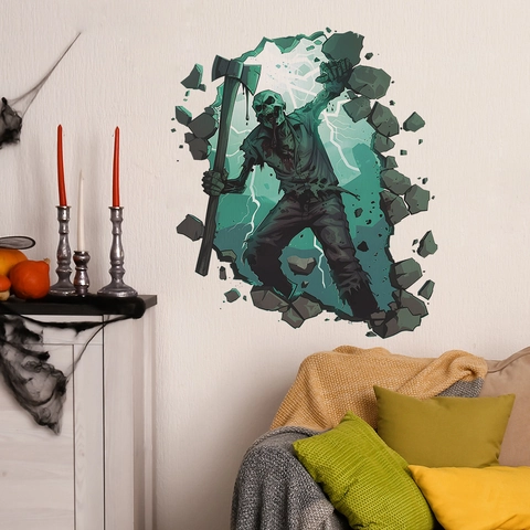 Adesivo da Parete Zombie 3D di Halloween Muro Crepato Ascia Zombie Terrore Decalcomania per Soggiorno Camera da Letto Festa Casa PVC