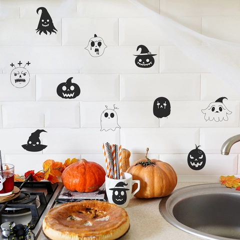 Adesivo da Parete Halloween Zucca Fantasma PVC Autoadesivo Cartone Animato per Soggiorno Camera da Letto Decorazione Casa