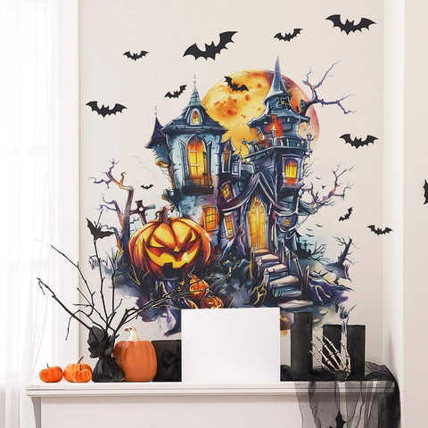 Halloween Haunted Castle Pumpkin Bat Moon Wall Stickers Removable PVC Watercolor Wall Decals For Home Party Decor