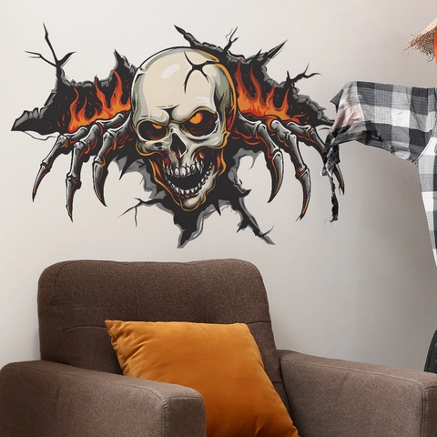 Halloween 3D Broken Wall Skull Flame Stickers PVC Removable Wall Decal For Living Room Bedroom Party Festive Decor
