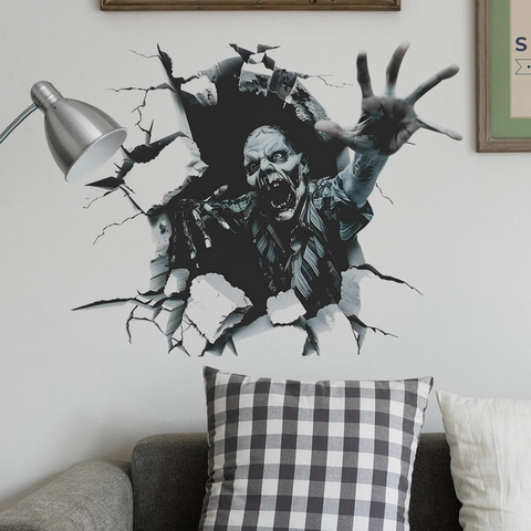 Halloween Horror 3D Zombie Wall Sticker Broken Wall Effect PVC Decal For Haunted House Living Room Party Decoration