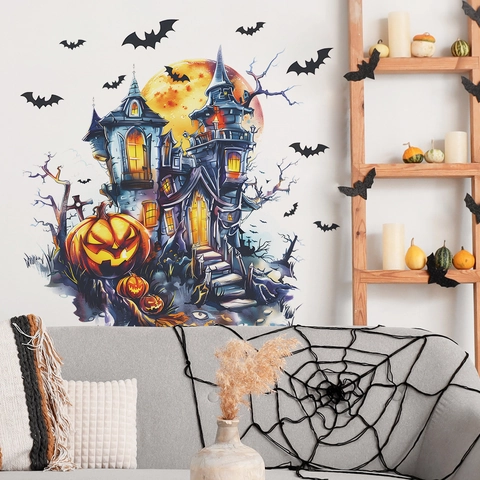 Halloween Haunted Castle Pumpkin Bat Moon Wall Stickers Removable PVC Watercolor Wall Decals For Home Party Decor