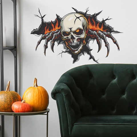 Halloween 3D Broken Wall Skull Flame Stickers PVC Removable Wall Decal For Living Room Bedroom Party Festive Decor