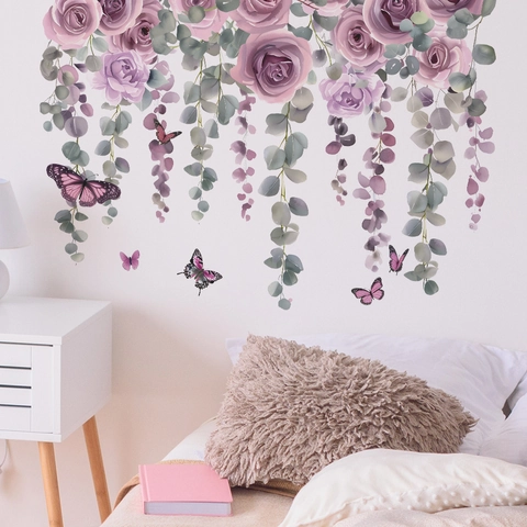Aquarell Lila Rose Eukalyptus Ranke Wandaufkleber Selbstklebend Blumen Schmetterling Wandbild Für Wohnzimmer Schlafzimmer Deko