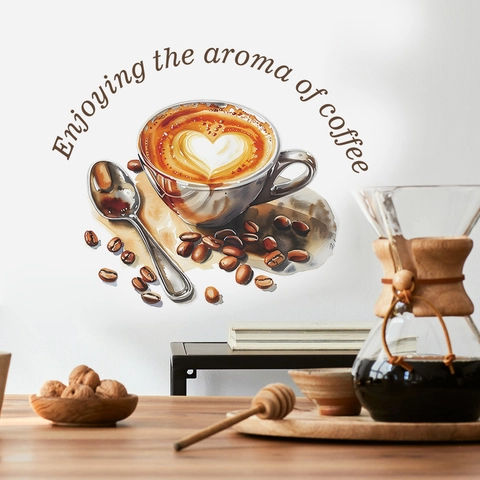 Adesivo da Parete Caffè Aroma Of Coffee Slogan Acquerello Tazza Chicchi Cucchiaio PVC Autoadesivo Decalcomania Cucina Bar