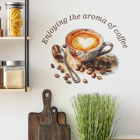 Adesivo da Parete Caffè Aroma Of Coffee Slogan Acquerello Tazza Chicchi Cucchiaio PVC Autoadesivo Decalcomania Cucina Bar