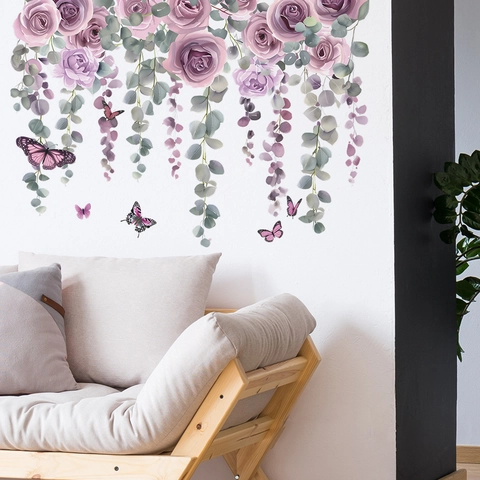 Aquarell Lila Rose Eukalyptus Ranke Wandaufkleber Selbstklebend Blumen Schmetterling Wandbild Für Wohnzimmer Schlafzimmer Deko