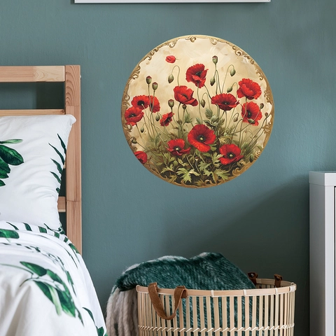 Runder PVC Wandaufkleber Rote Mohnblumen Ölgemälde Blumen Wandbild Vintage Europäischer Goldener Reliefrahmen Für Wohnzimmer Deko