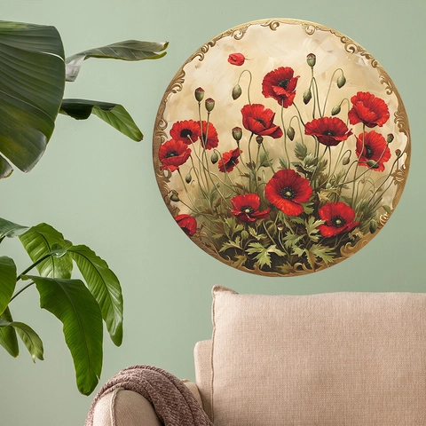 Runder PVC Wandaufkleber Rote Mohnblumen Ölgemälde Blumen Wandbild Vintage Europäischer Goldener Reliefrahmen Für Wohnzimmer Deko