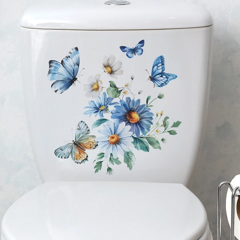 Adesivo per Gabinetto con Margherita e Farfalla Acquerello Impermeabile Autoadesivo Floreale per Bagno Casa